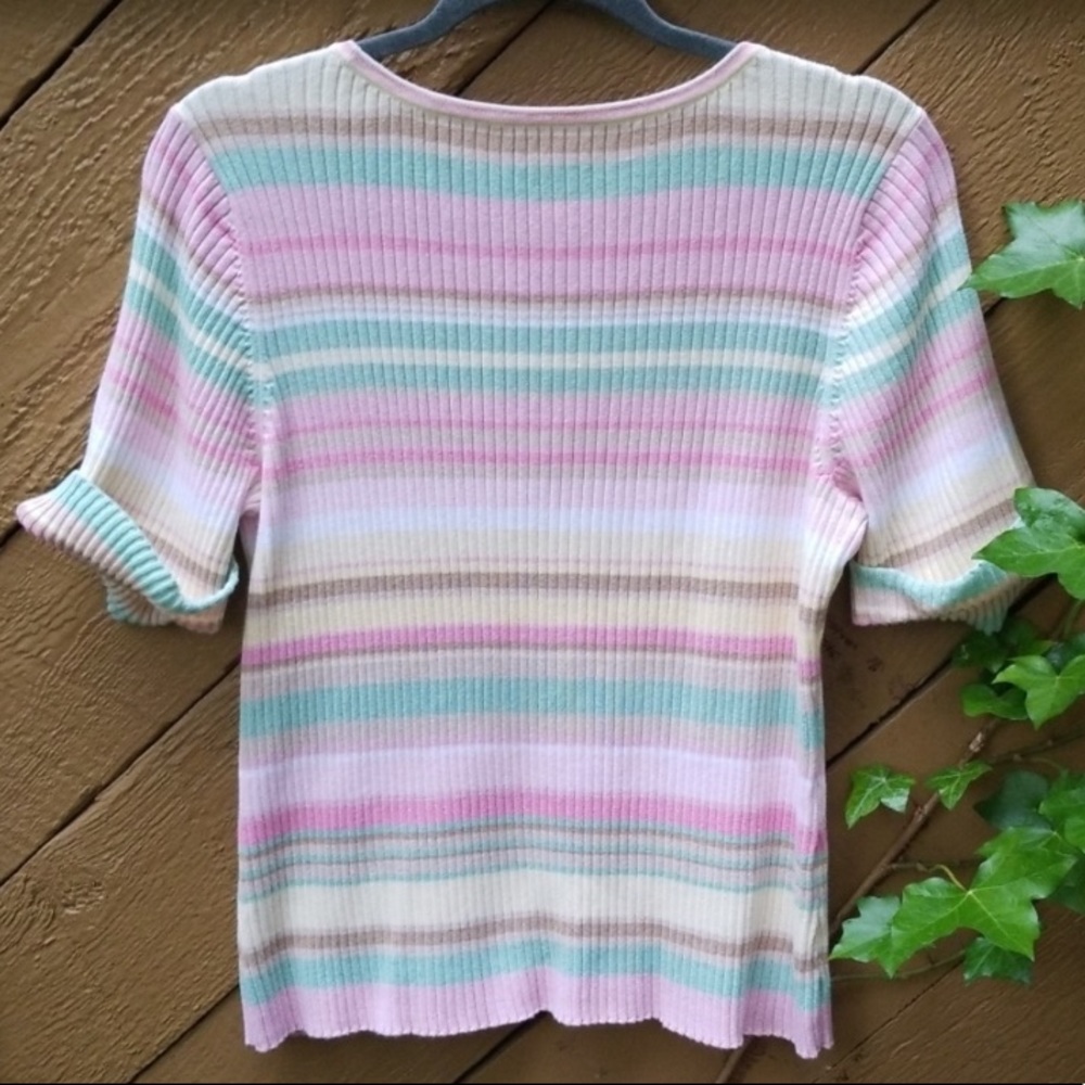 VINTAGE Liz Claiborne Sweater elbow sleeve Pastel Rainbow striped ribbed cotton - Picture 7 of 12